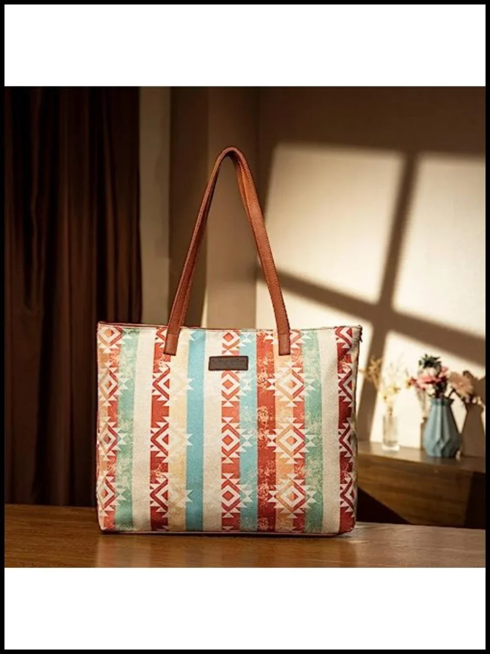 Aztec Print Canvas Tote Bag with Genuine Leather Handles